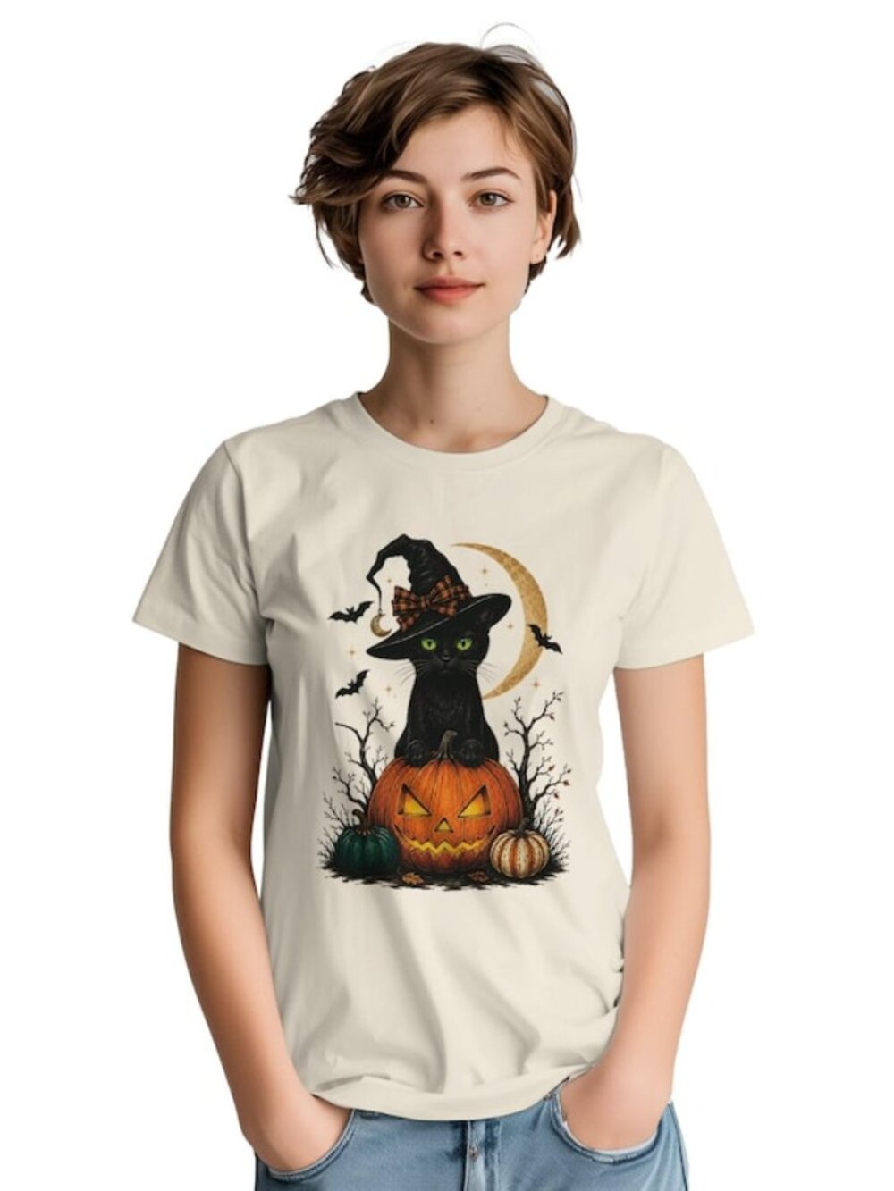 Halloween T-Shirt Black Cat with Witch Hat, Pumpkin Shirt